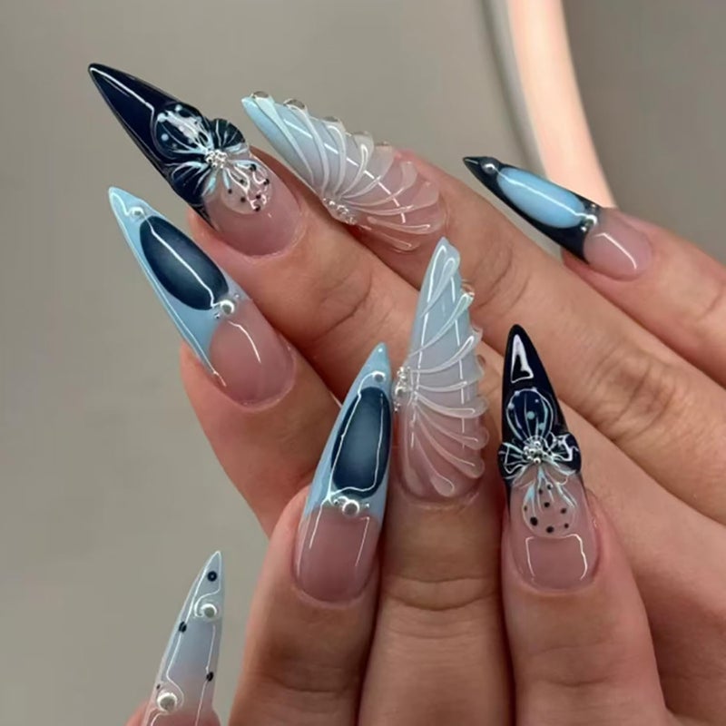 ASABITE 24 Pcs Almond Press on Nails Long Stiletto Fake Nails Fall Summer False Nails with 3D Shell Pearl Design Glossy Glue on Nails French Tip Artificial Nails Full Cover Stick on False Nails for Women - Image 1